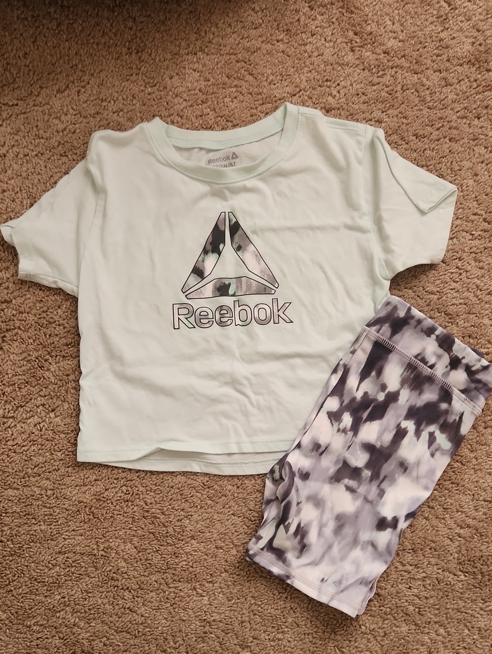 Reebok Girls Mint Logo Tee with Gray-Purple Tie-Dye Shorts